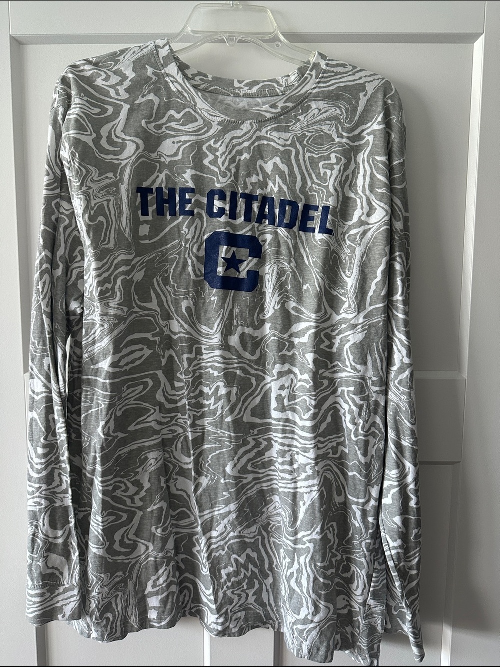Champion Gray Marble-Print Long Sleeve Tee with Blue Logo